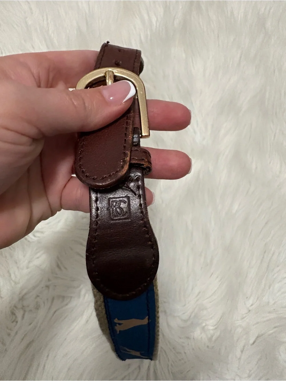 Boy’s Preppy Blue Ribbon Belt Khaki Dog Silhouette Collar Brown Leather